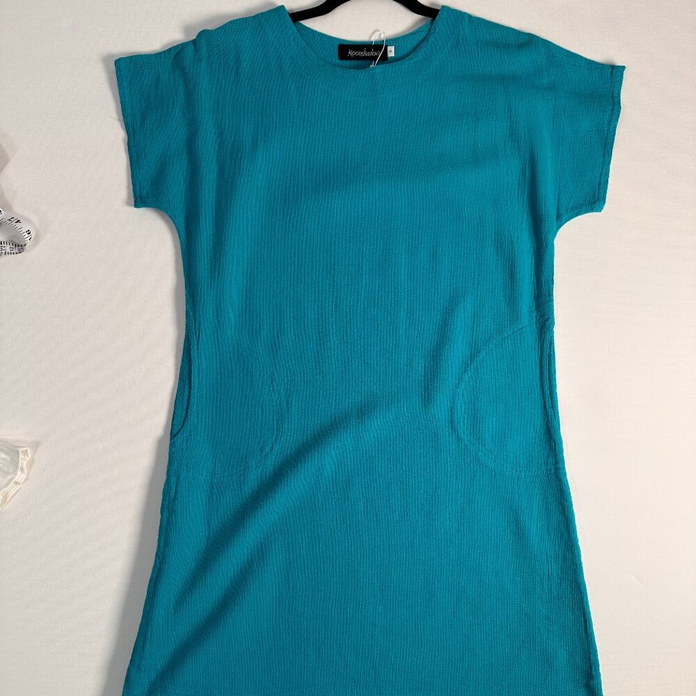 MOONSHADOW DRESS 100% Cotton Bright Aqua Sm New with Tags Cap Sleeves Pockets +